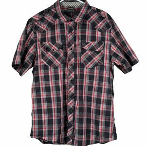 Irreverent Shirt Men's Large Pearl Snap Button Up Short Sleeve Red Black Plaid